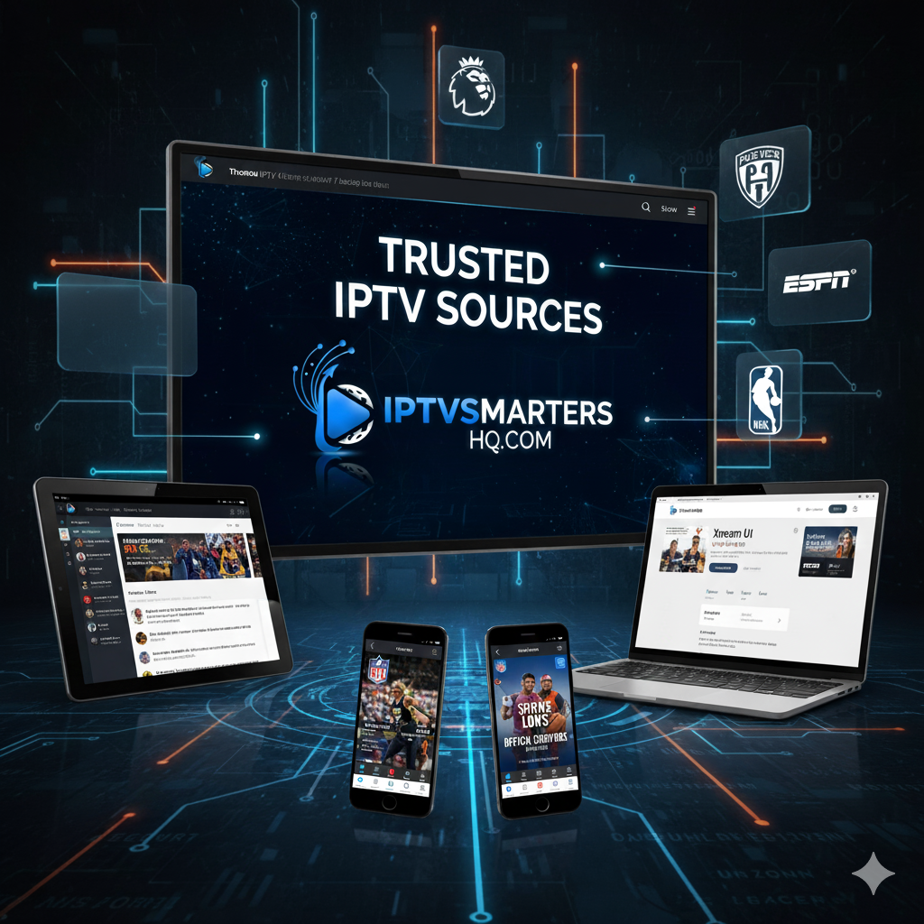 A digital illustration featuring multiple devices (smart TV, laptop, tablet, smartphones) displaying IPTV streaming apps and live sports content, with a large screen showing "Trusted IPTV Sources" and the logo/ip address of iptvsmartershq.com, surrounded by various sports network logos like ESPN and NBA in a futuristic, tech-themed environment.